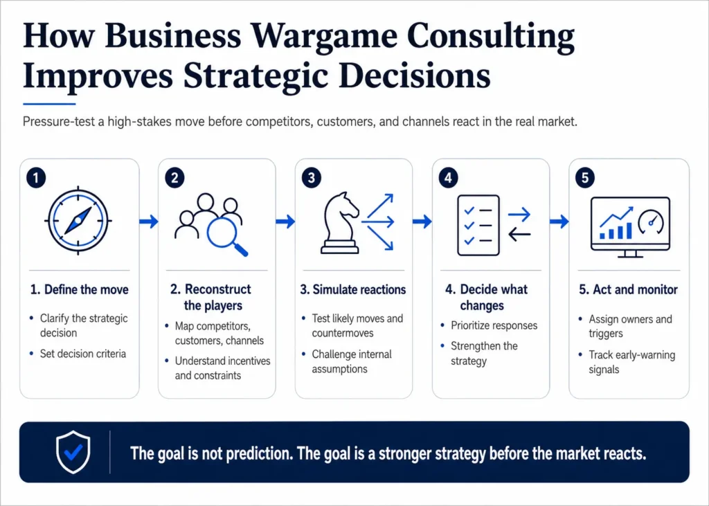 Five-step diagram showing how Midas' Business Wargame Consulting improves strategic decisions: define the move, reconstruct the players, simulate reactions, decide what changes, and act and monitor.