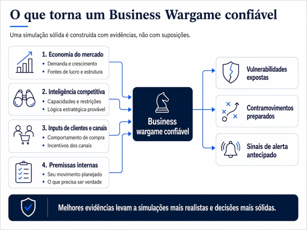 Diagrama da Midas mostrando como economia de mercado, inteligência sobre concorrentes, informações de clientes e canais e premissas internas formam um wargame empresarial confiável, capaz de revelar vulnerabilidades, preparar contramedidas e identificar sinais de alerta antecipado.