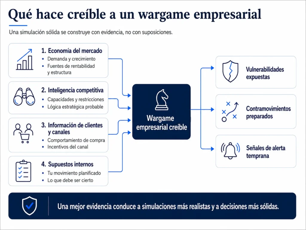 Diagrama de Midas que muestra cómo la economía del mercado, la inteligencia sobre competidores, los aportes de clientes y canales, y los supuestos internos crean un wargame empresarial creíble que expone vulnerabilidades, prepara contramovimientos e identifica señales de alerta temprana.