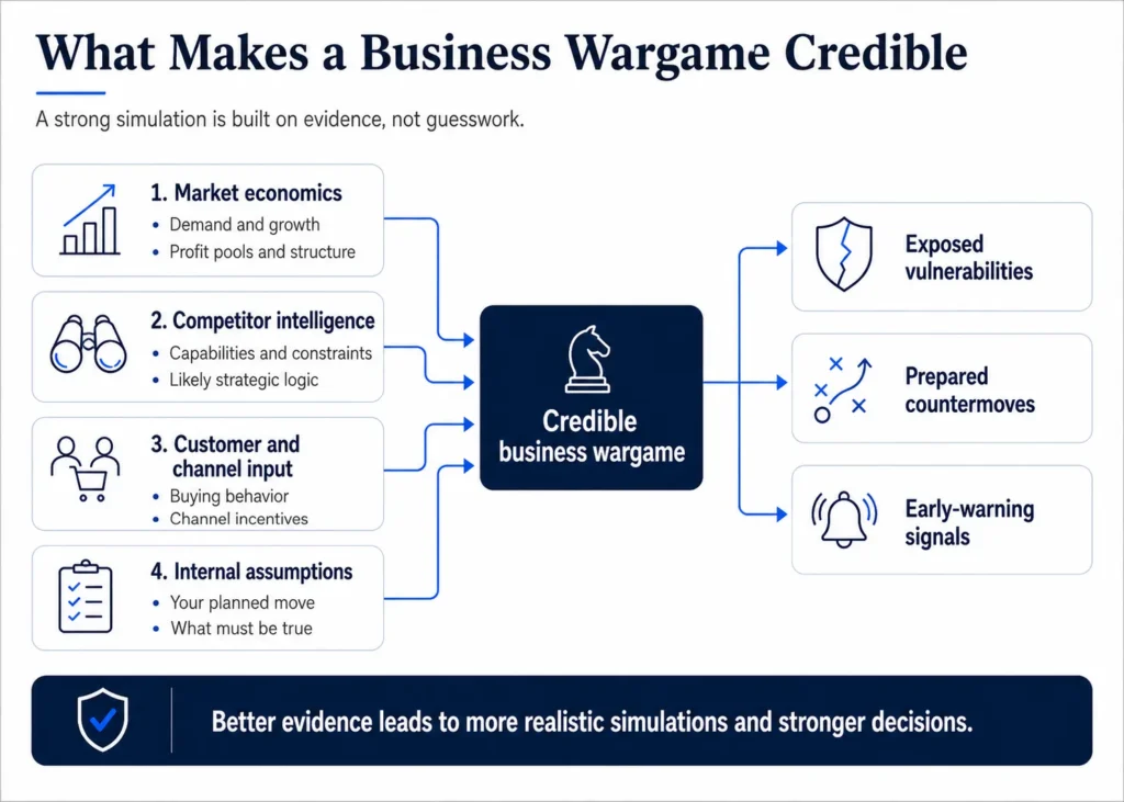 Midas' diagram showing how market economics, competitor intelligence, customer and channel input, and internal assumptions create a credible business wargame that exposes vulnerabilities, prepares countermoves, and identifies early-warning signals.